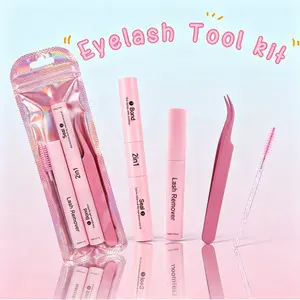 SOSIAYCICI Pink 4-Piece Set Eyelash Tool Kit  Glue Bond and SealKit with Lash Glue Remover and TweezersBrush Long-Lasting, Waterproof For DIYEyelash Extension At Home Use BeginnersFriendly Kit 4-in-1 for Precise DIY Eyelash Extension