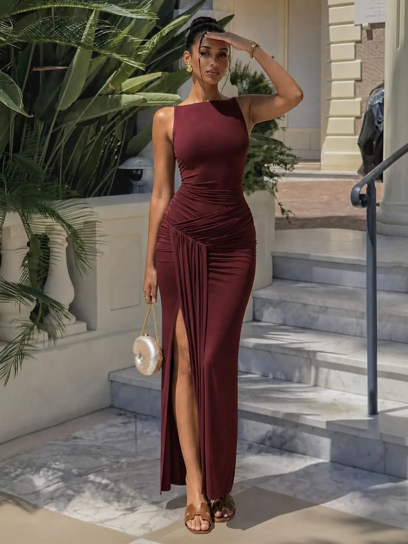 Curvysweet Kinsey Women's Fitted Formal Sleeveless Ruched Tummy Control Bodycon Maxi Dress - Backless, Slit Design, Adjustable Neckline, Flexible Lightweight Elegant Dress for Cocktail Party, Evening Events, Elegant Dresses