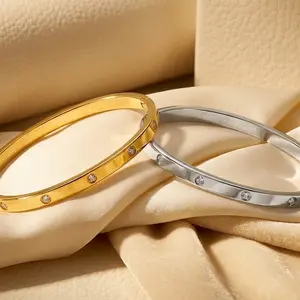 CZ Stone Bangle Bracelet Women | Gold Silver Titanium Steel | Daily Wear