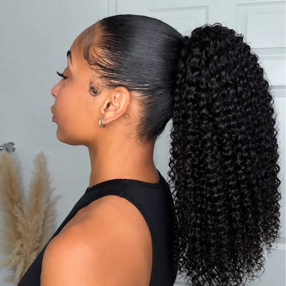 [250% 16''=89.91$] Arabella Ponytail 100% Virgin Human Hair 250% Density Afro Kinky/Burmese Curly/Yaki Straight with Finger Curls Glueless Ponytail for Beginners Put On Go