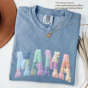 Comfort Colors Patchwork Floral Mama T-Shirt – Faux Embroidered Quilt Style, Grandma Core Varsity Mom Tee