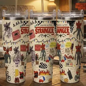 Stranger Inspired Theme Car 40oz Tumbler Vintage Cartoon Illustration Pattern Durable Stainless Steel Double Wall Insulated Leak Proof Easy Carry for Travel Camping Cycling Party Gift Use