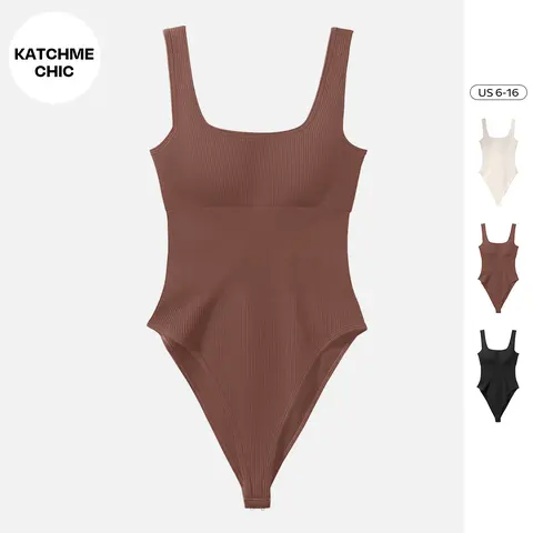 KatchMe Womenswear Solid Color Shaping Bodysuit,Plain Square Neck Sleeveless Tank,Crotch Buckle,Detachable Chest Pad Tummy Control Basic Shapewear