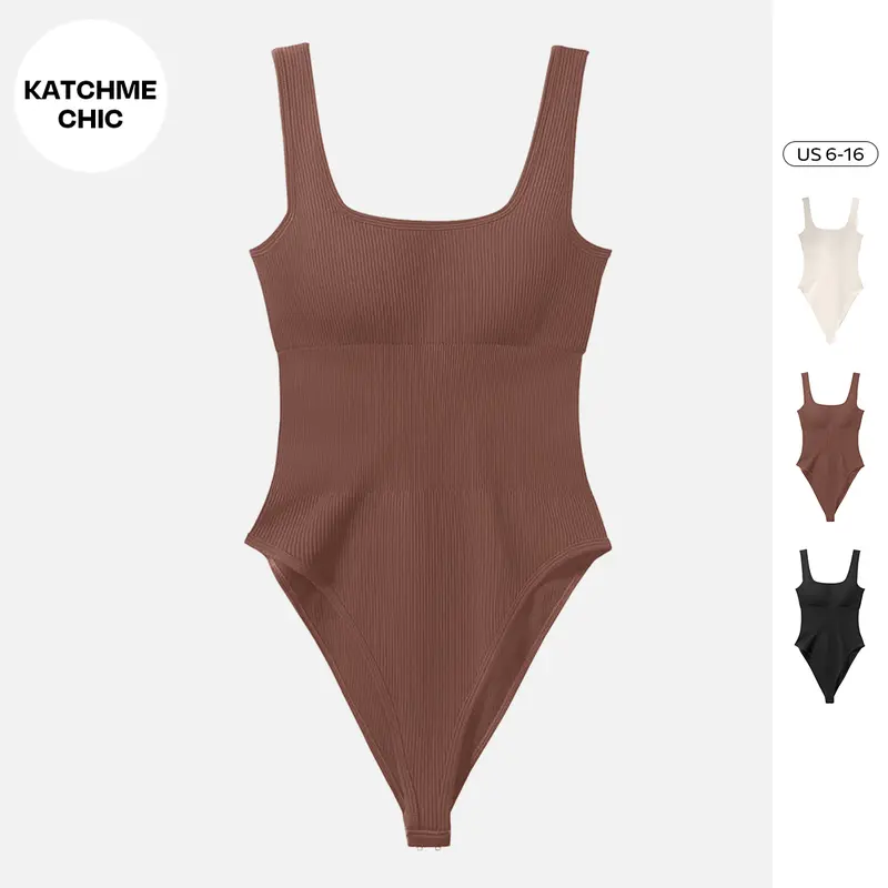 KatchMe Womenswear Solid Color Shaping Bodysuit,Plain Square Neck Sleeveless Tank,Crotch Buckle,Detachable Chest Pad Tummy Control Basic Shapewear