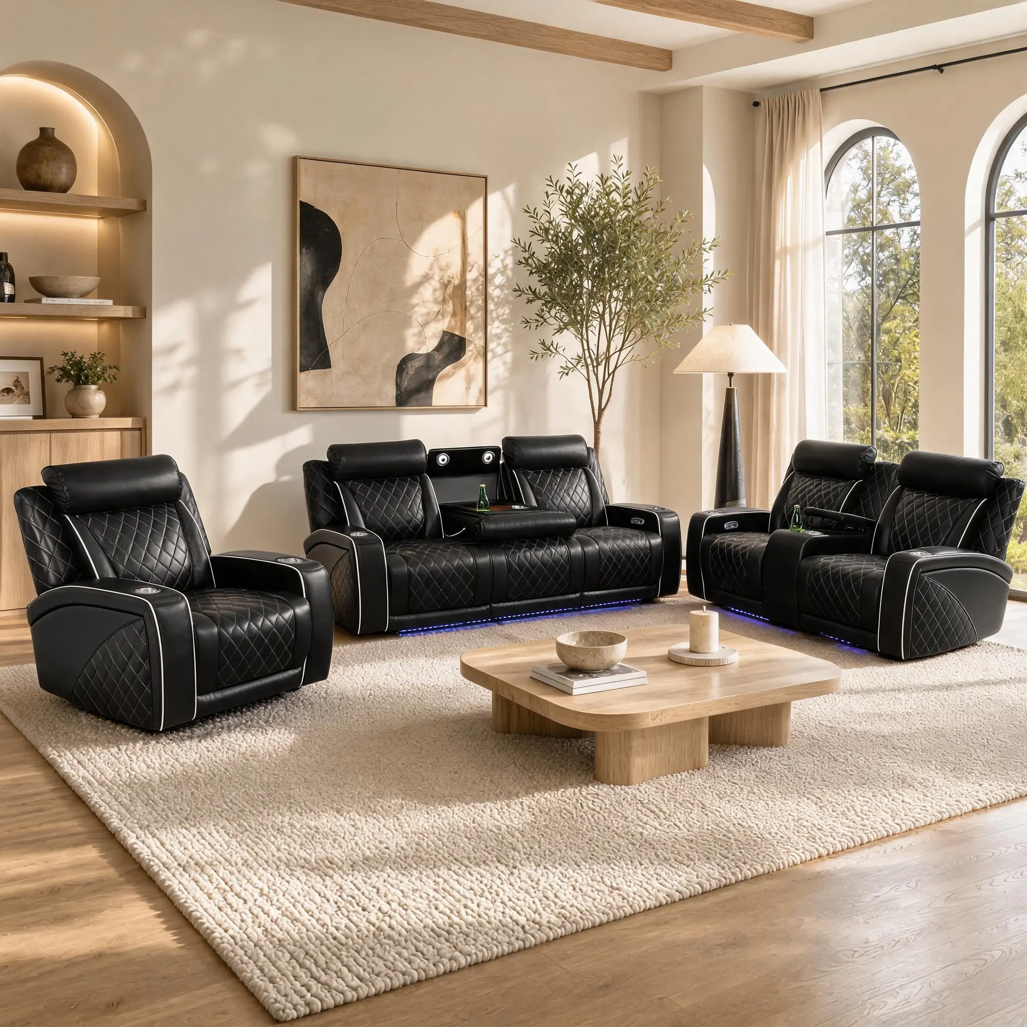 Aainehome Black Breathable Leather 3-Piece Living Room Functional Sofa Set Luxury LED Recliner Charging Electric