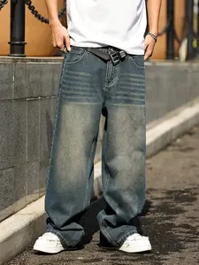 Men's retro vintage washed straight leg jeans, casual four season streetwear street style, zipper placket, solid color pattern, daily wear of denim pants, if you like loose fit, it is recommended to buy one size larger