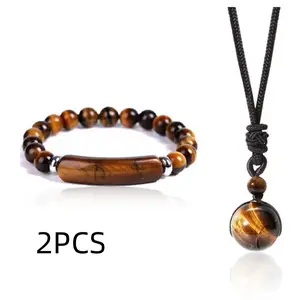Trendy Tiger Eye Bracelet for Men, Set of 2 Natural Tiger Eye Necklace Bracelet Adjustable Braided Rope Natural Stone Pendant Natural Stone Bracelet For Men Valentine's Day Birthday Gift