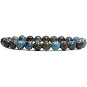 Dyed Blue Wood Veins Jasper Gemstone 8mm Round Beads Stretch Bracelet 7 Inch Unisex