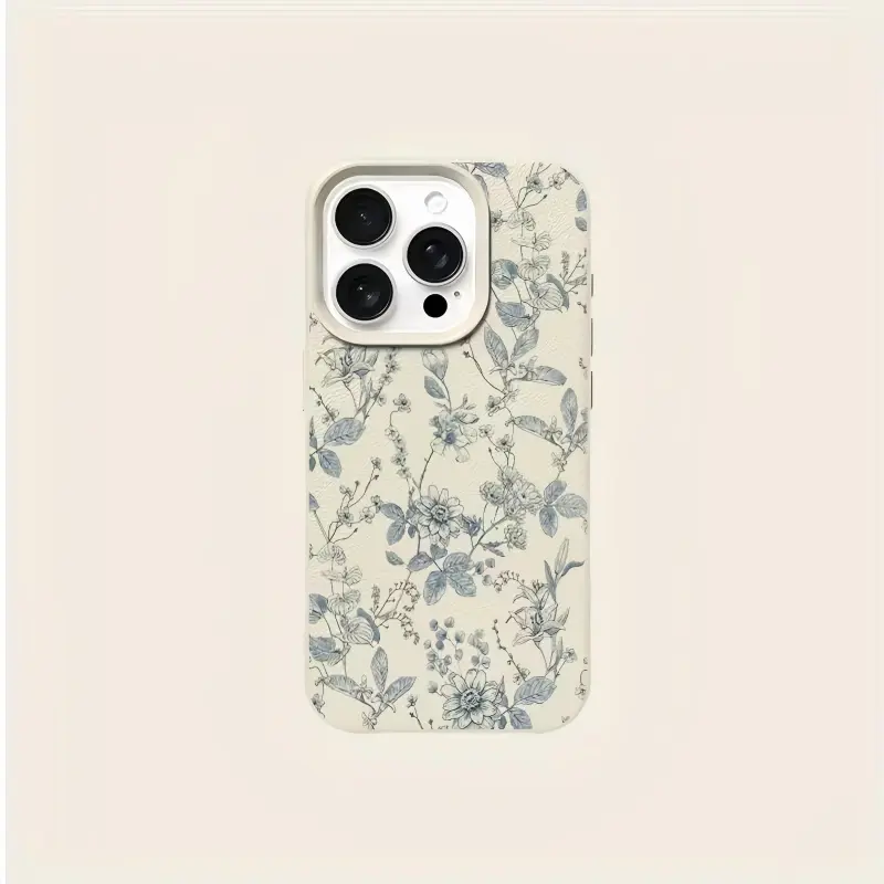 1pc Fashion Full-Screen Blue Flower Lychee Pattern TPU Smartphone Case with Screen Protector, Full-Coverage Protection Mobile Accessory for iPhone 11 12 13 14 15 16 17 Pro Max, Accessories