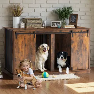 60.6" Extra Large Dog Crate Furniture, Double Dog Crate Furniture for 2 Dogs, Heavy-Duty Dog Kennel TV Stand with Divider and Sliding Doors, Large Dog Cage for Pet Cat Animals, 60.6''L×21.3''W×31.9''H