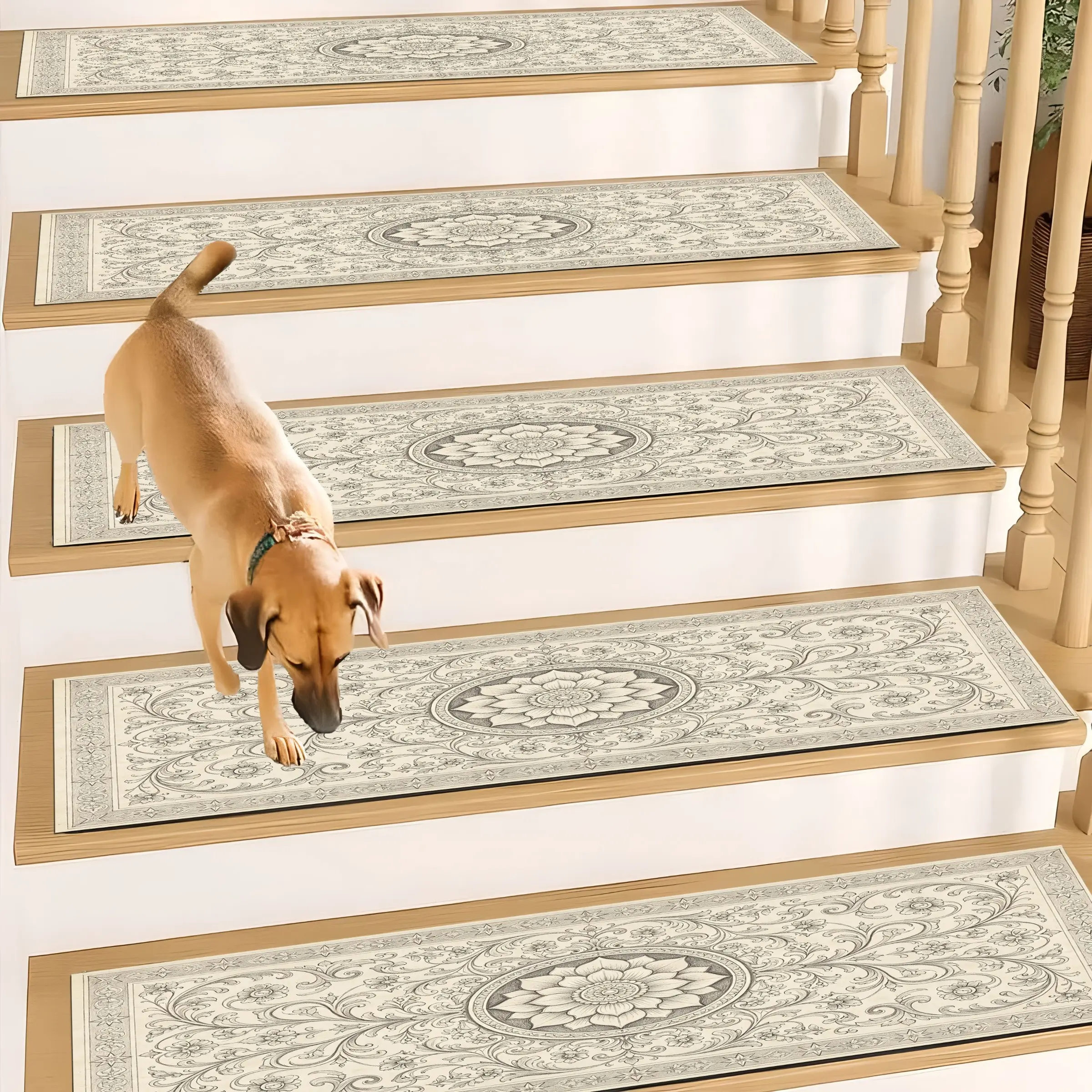 Vintage Floral Diatom Mud Stair Mat, Absorbent Non-Slip Wooden Step Rug, Quick-Dry Moisture-Draining Stair Gripper, Washable Non-Slip Floor Mat, Quick Drying Rugs