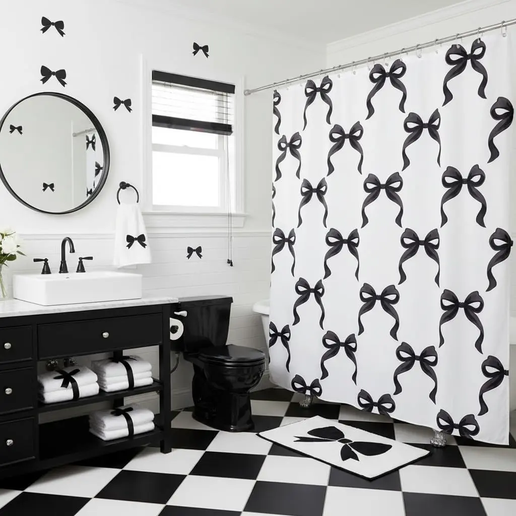 Black Bow Fabric Shower Curtain,Princess Style Bowknot White Black Shower Curtain,Dreamy Fairy Tale Bow-tie Crossed Patchwork Waterproof Shower Curtain for Bathroom,7 Long