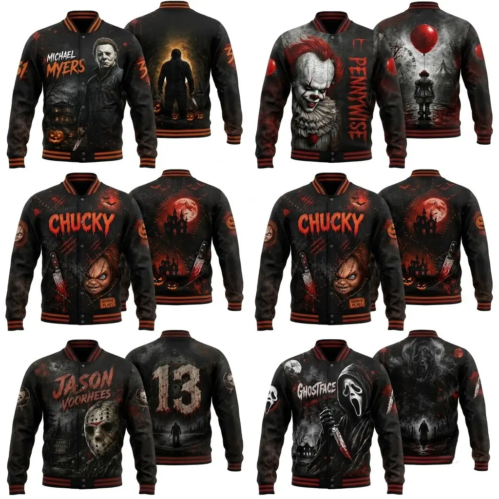 Scary Movie Slasher Baseball Jacket, Vintage Horror Villains Bomber Jacket, Retro Spooky Killer Graphic Varsity Jacket, Unisex Streetwear Casual Long Sleeve Coat, Halloween Outerwear Windbreaker Gift