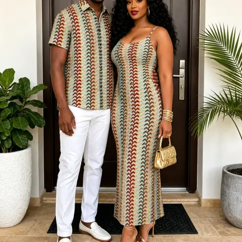DRESSLILY 2026 Couples Matching Outfits, Vintage Geometric Print Stretchy Knit Fitted Bodycon Maxi Dress and Shirt Set for Beach Vacation Casual Summer