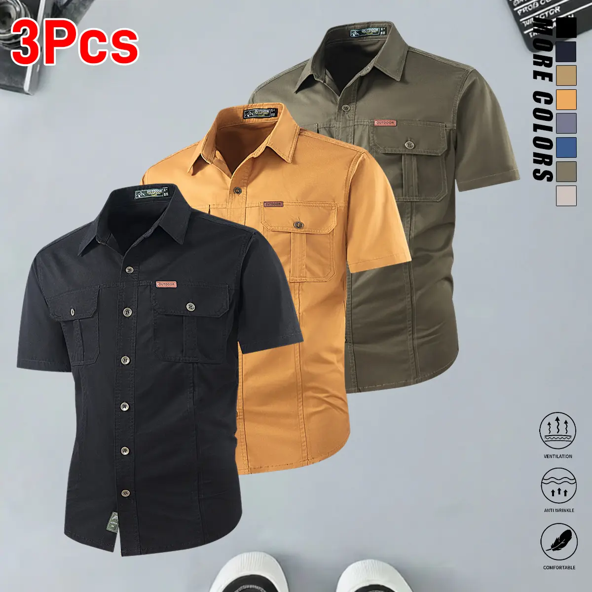 Menswear Men’s 3-Pack Pure Cotton Short-Sleeve Work Casual Shirts - Sturdy Fabric, Reinforced Chest Pocket Stitching, Vintage Metal Buttons, Suitable for Construction, Gardening, Shortsleeve