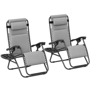 Zero Gravity Lounge Chair Set – Light Gray. 2 Pieces with Lockable Reclining Back. Quick-Drying Pad + Head Pillow. Side Tray + Foldable. 264 lbs Cap