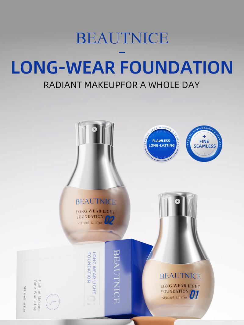 BEAUTNICE Long Wear Light Foundation, Available in Shades 01 and 02, 30ml, Long-Lasting Formula for a Flawless All-Day Look