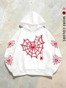 Unisex Spider Web Print Zipper Hoodie, Dark Street Style Loose Fit Warm Top, Casual Spider Web Sweatshirt with Hood