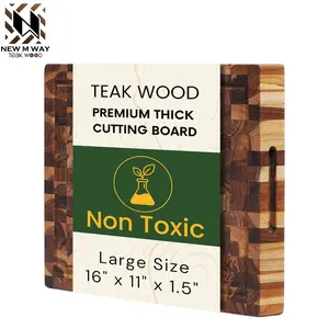 Teak Wood End Grain Cutting Board 16 x 11 Inch, Extra Thick 1.5 Inch Butcher Block for Meat & Kitchen Prep, Solid Non-toxic Wood Cutting Board with Juice Groove by New M Way