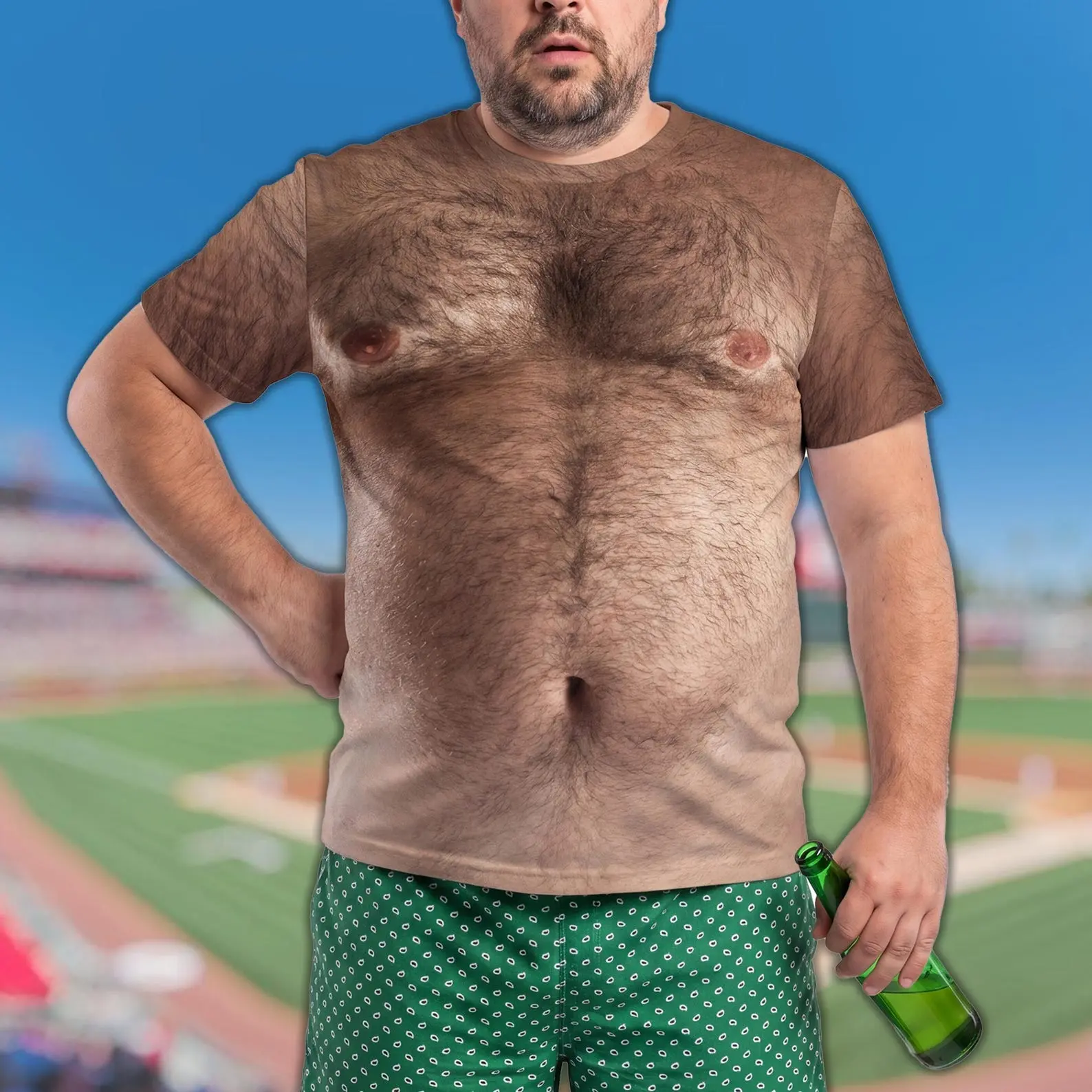 Funny Hairy Chest All Over Print Shirt, Dad Bod Illusion T-Shirt, Beer Belly Gag Gift For Dad & Husband, Novelty Beach Party Shirt For Men