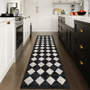Washable Black and White Kitchen Runner Rug, 2x5 Soft Non Slip Laundry Room Rug Bathroom Runner Rugs with Rubber Backing, Moroccan Trellis Kid Pet Friendly Carpet Runners for Entryway Bedside