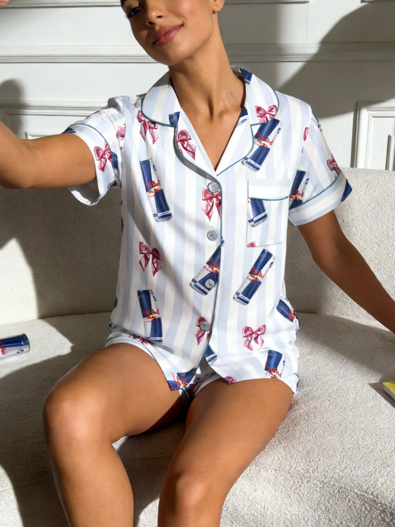 Women's Energy Drink Bowknot Striped Print Pajama Set, Short Sleeve Shorts Lapel Open Front Homewear Nightwear Two-Piece Set, Cute Fitted All Seasons, Pyjamas