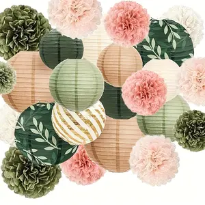 24-Piece Sage Green Paper Pompom and Gold Hanging Paper Lantern Set - Perfect for Teen Parties, Weddings, Christenings, Birthdays, etc., Showers, Greys, Weddings, Teen Parties, Bridal Parties, Birthdays, General Occasions Ornaments Decor