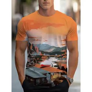 Men'S Vibrant Orange Scenic Print T-Shirt - Lightweight & Comfortable Short Sleeve Tee for Outdoor Activities, Travel, Beach, or Casual Wear, Soft Fabric, Summer Essential, Beach Attire |   Scenic Print Tee |   Soft Fabric Shirt