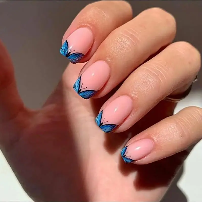Curvlife Press on Nails Acrylic Fake Nails with Design Full Cover False Nails for Women Reusable Nail Kit with Nail Glue Adhesive Tabs Nail File (butterfly outside, 24pcs)