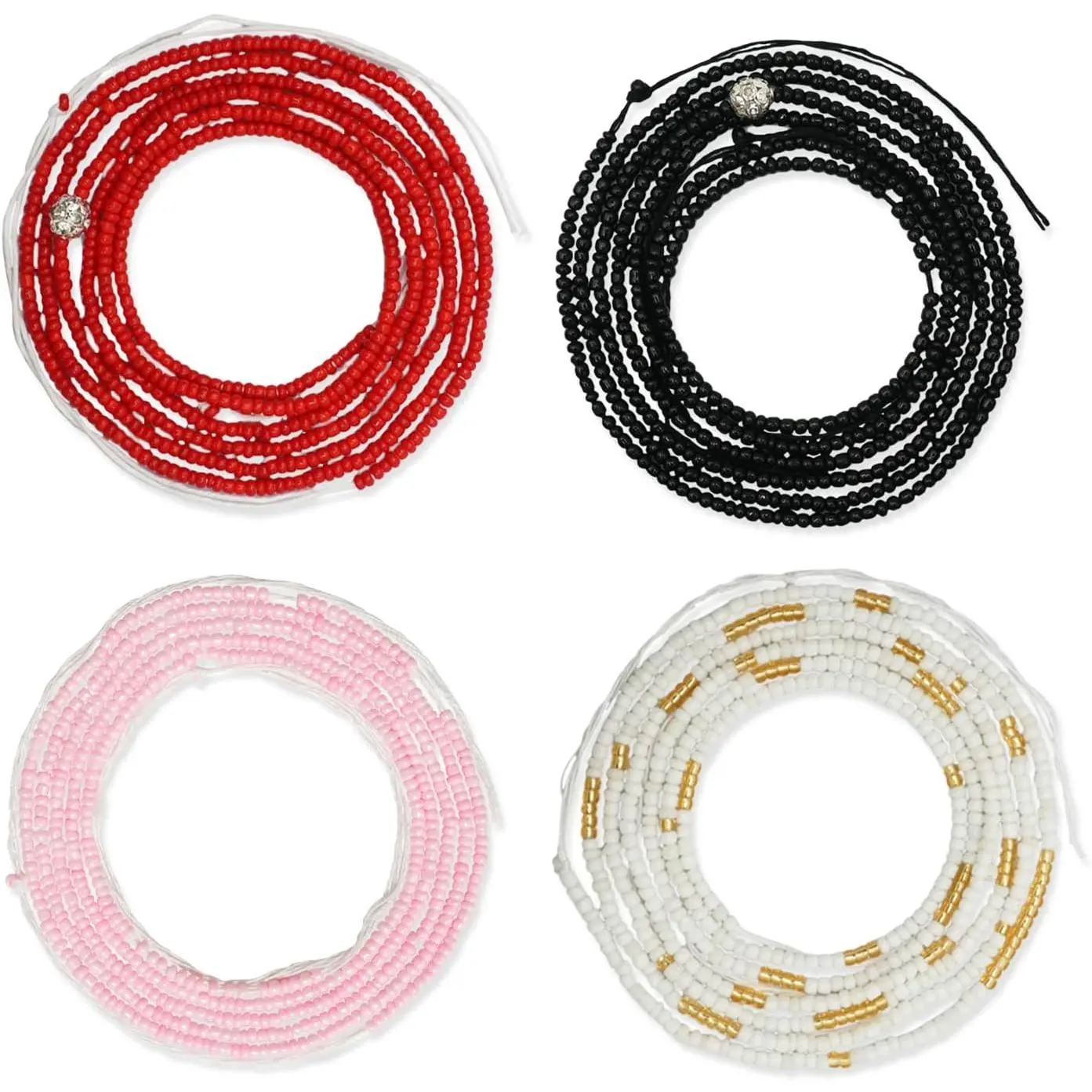 4-Pack 50-Inch African Waist Beads for Women, Handmade Colorful Glass Beaded Body Jewelry, Tie-on Non-Stretching Chains for Beach Party, African Waist Jewelry