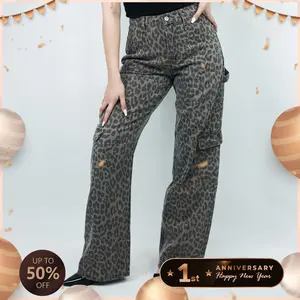 Pwest Women's High Rise Leopard Denim Wide Leg Cargo Jeans