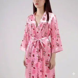 Strawberry Shortcake X Women’s Cartoon Print Faux Silk Tie-Waist Robe – New Year Outfit, Fall Fashion