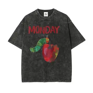 The Very Hungry Caterpillar Monday Vintage Washed T-Shirt - Retro Graphic Tee for Women, Cute Childhood Nostalgia Summer Top, Acid Wash Cotton Shirt
