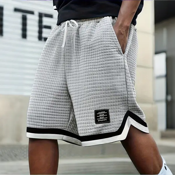 Men's Colorblock Striped Print Waffle Knit Shorts with Drawstring and Multiple Pockets, Casual Slim-Fitting Summer Wear