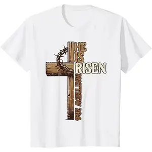 Cotton Short Sleeve T-Shirt Easter Cross He Is Risen Jesus Christian Men Kid Youth T-Shirt