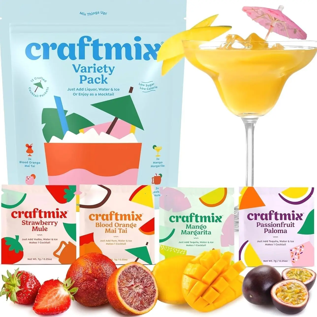 Craftmix Variety Pack Cocktail & Mocktail Drink Mixer, Skinny Mixes - Water Flavoring Packets - Made With Real Fruit - Vegan Low-Carb, Low-Sugar, Non-GMO, Dairy Free, Gluten Free, 12 Pack