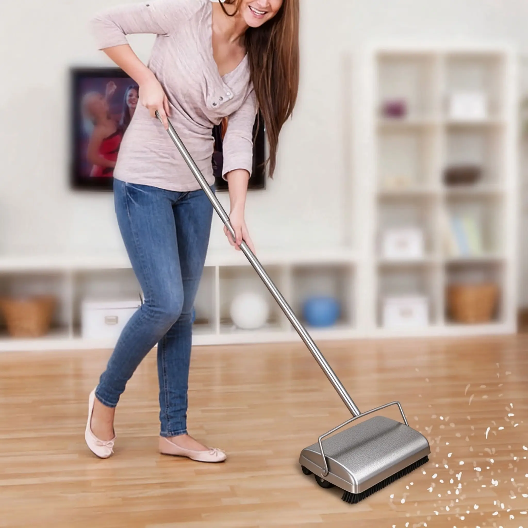 Manual Push Sweeper Broom - Dual Horsehair Bristles, Non-Electric, Long Handle, Quiet Sweep Cleaning Tool for Carpet, Hardwood Floors, Single Unit (Without Dustpan)
