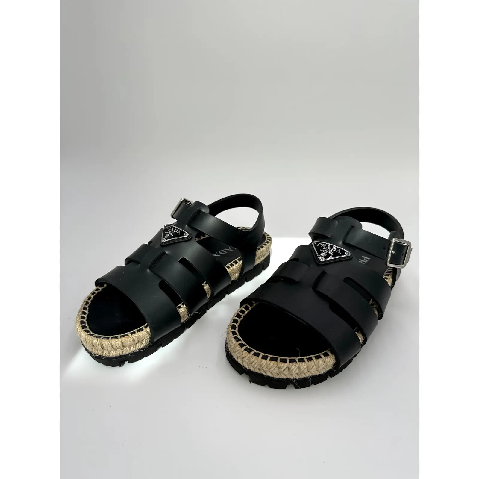 Prada Black Rubber Triangle Logo Espadrille Fisherman Sandals #7 Size 36/6 (Runs 1/2 Larger), Shoe, Footwear, Streetwear