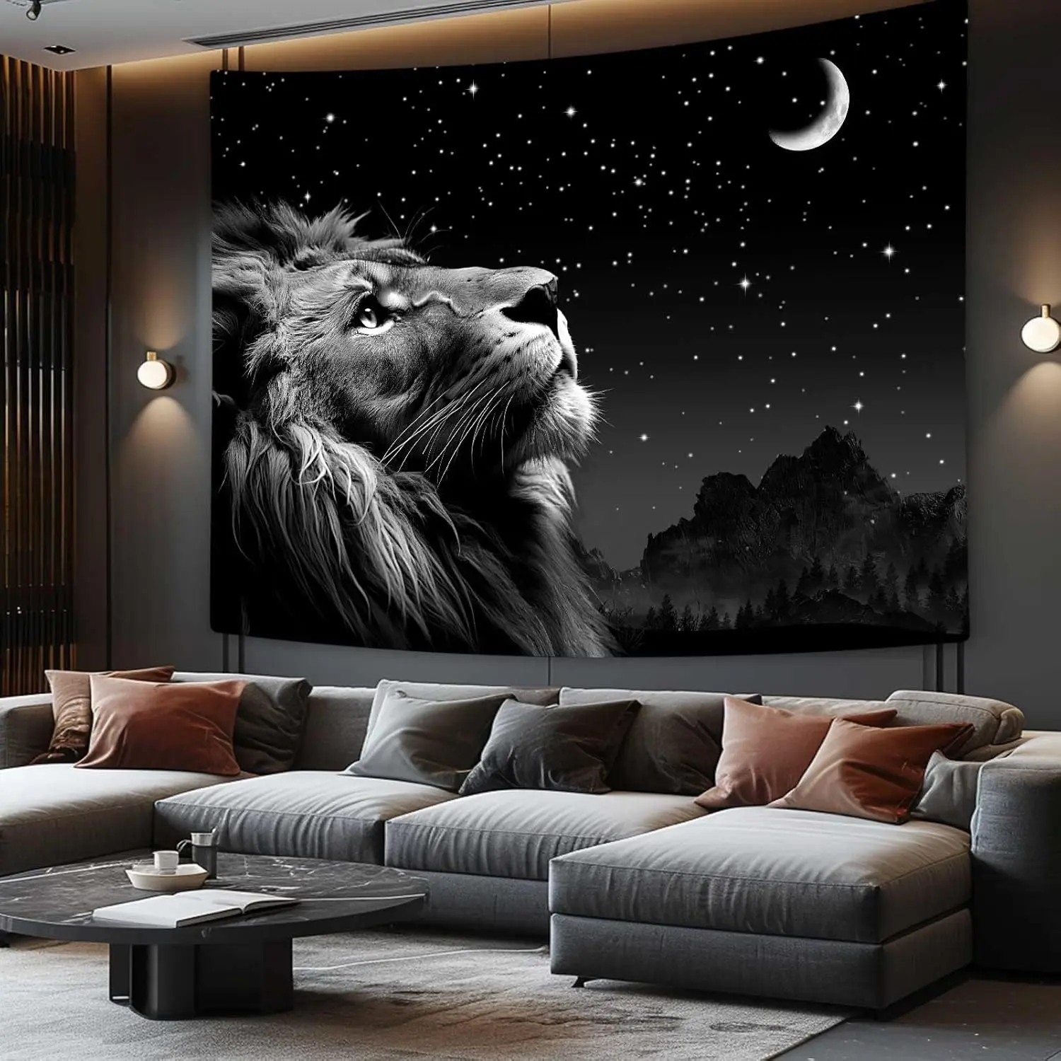 Cool Lion & Space Stars Moon Decorative Tapestry - Men's Room Accessories, Black Aesthetic Home Wall Hanging, Wall Decor for Bedroom Dorm 60x40 in