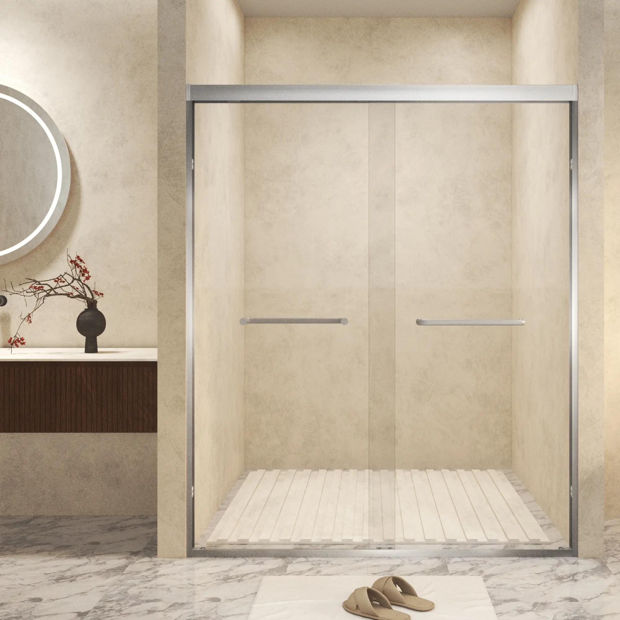 Double Sliding Shower Door with Tempered Glass and Aluminum Frame, Brushed Nickel Finish, 50-54" x 72"