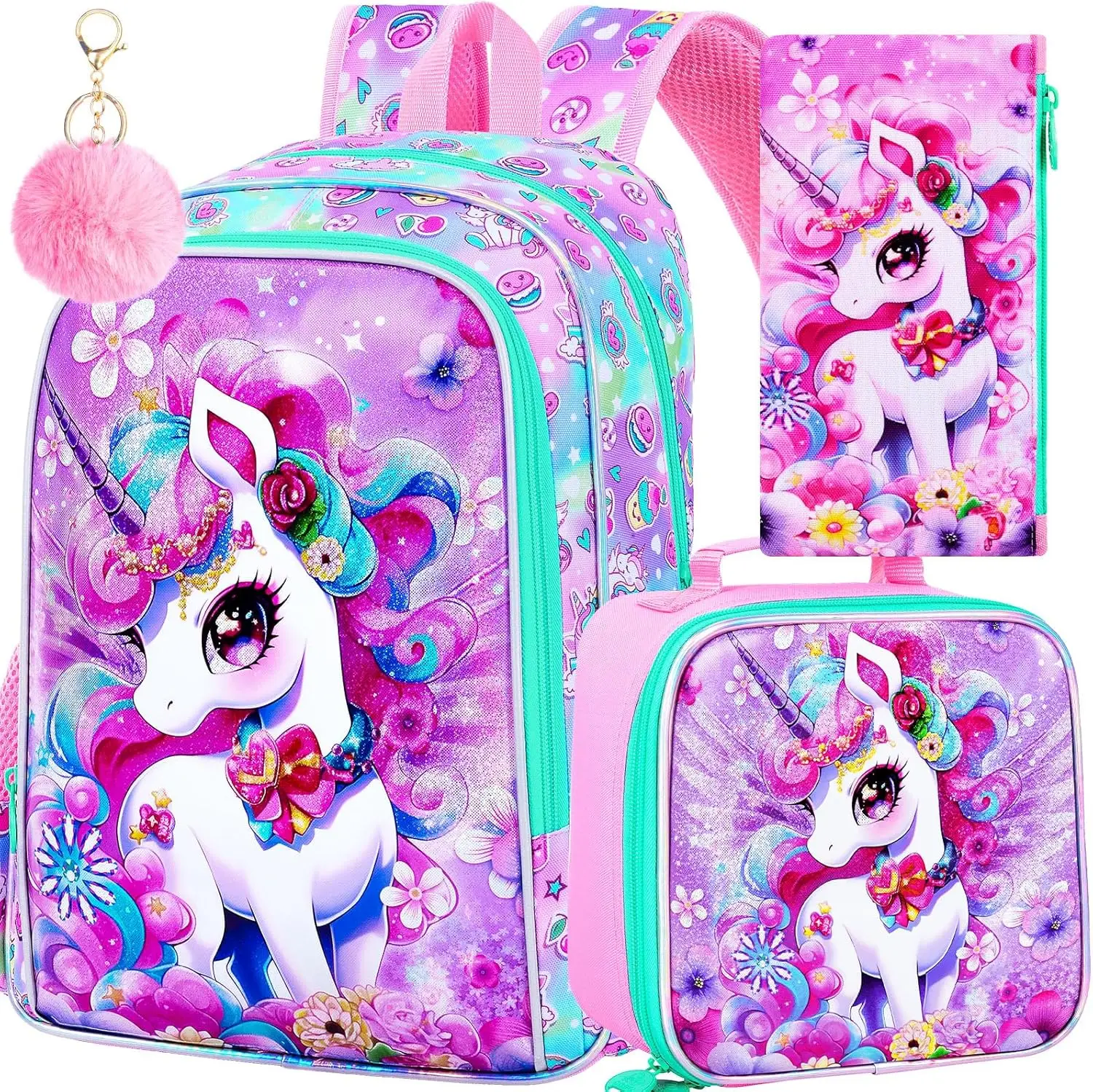 3Pcs Unicorn Backpack for Girls, 16" Kids Bookbag with Lunch Box, School Backpacks Set for Elementary Preschool Kindergarten(Pink)