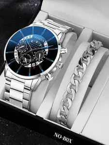 2 Pieces/Set, 1 Silver Stylish Men's Calendar Quartz Watch + 1 Classic Simple Cuban Bracelet, Modern Fashionable Wristwatch