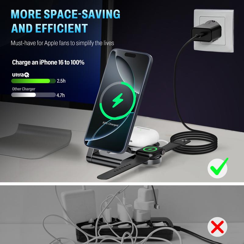 UltraQ 3 in 1 Wireless Charging Station, Ultrathin Foldable Aluminum Alloy Wireless Charger for iPhone 16/15/14/13/12 Series, AirPods Magsafe Charger for iWatch Series