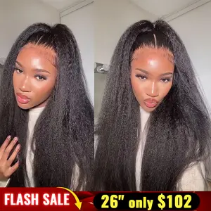 Bling Hair Human Hair Lace Front Glueless Wigs for Women 13x6 Kinky Straight Pre Bleached Knots Yaki Human Hair Wig HD Transparent Lace Pre Plucked 180% Density Natural Black Color #TikTokShopHolidayHaul