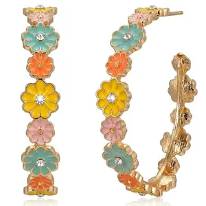 Women's Alloy Colorful Enamel Flower Hoop Earrings - C-Shape Rhinestone Floral Hoop Earrings, Cute Costume Jewelry Gift for Daily, Party Use, Earring For Women, Colorful Earring Stack,summerwins