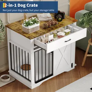 Garvee 37.8" Modern Farmhouse Style Dog Crate Furniture - White Wooden Kennel with Sliding Barn Door & Storage | Decorative Indoor Pet Cage & Side Table for Medium Dogs | Sturdy Carbon Steel Dog House Cabinet | Luxury Home Decor Pet Furniture