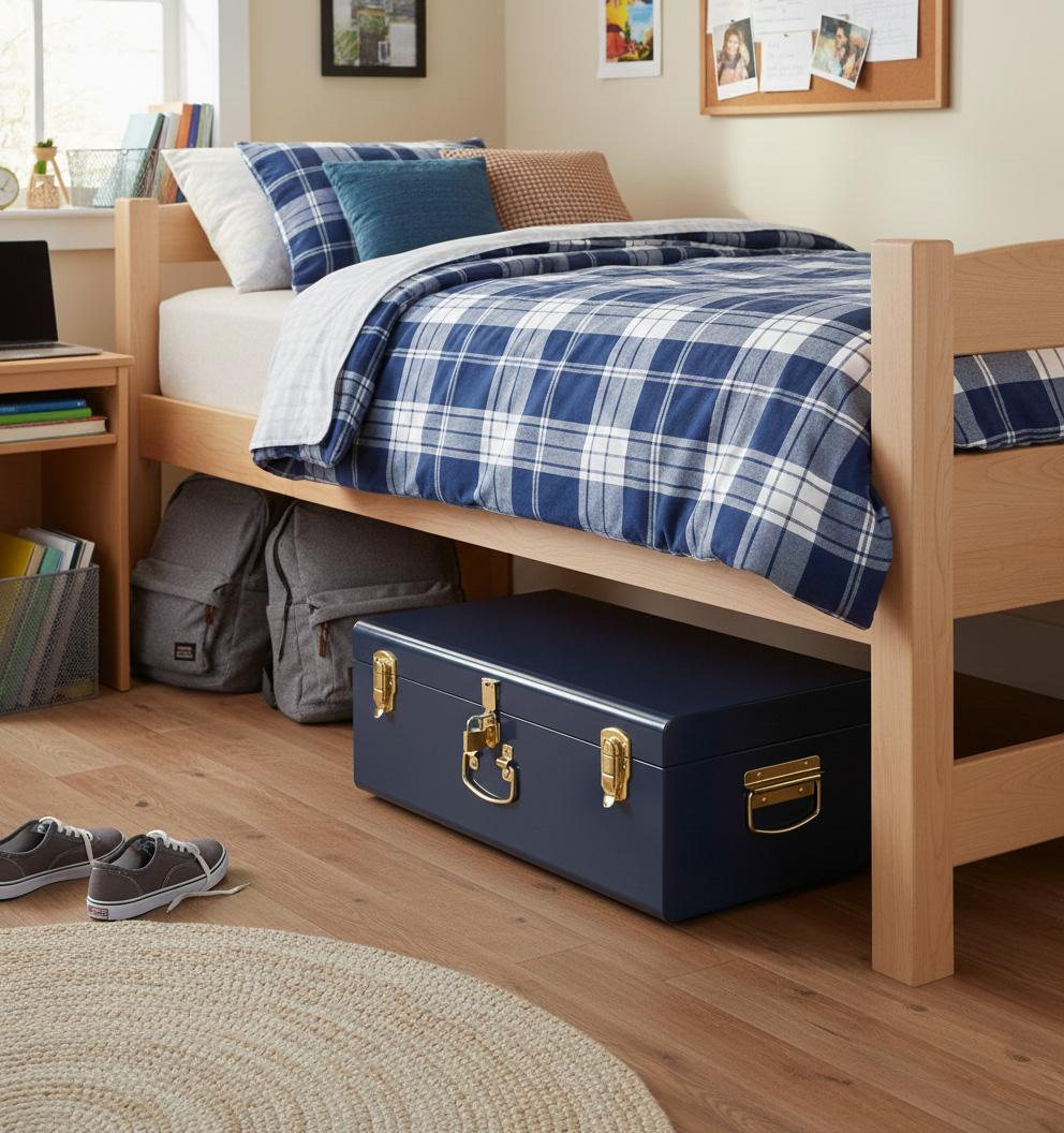 Navy Blue Metal Keepsake Storage Trunk – Dorm Footlocker for Toys, Clothes & Memory Storage