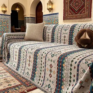 Boho Style Geometric Sofa Cover, Vintage Ethnic Fringe Sofa Slipcover, Anti-Slip Dustproof, Pet Friendly, All Seasons