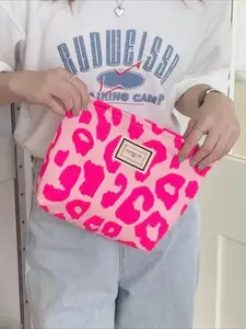 Pink Leopard Print Women's Cosmetic Bag Retro Flower Ladies Small Clutch Purse, Travel Handbag & Schoolgirl Pencil Storage Pouch, Casual Zipper Purse