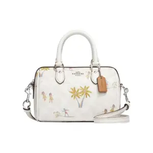 COACH Rowan 18 Boston Bag for Women – Silver Logo, Botanical Jacquard Leather, Small Shoulder Handbag in White